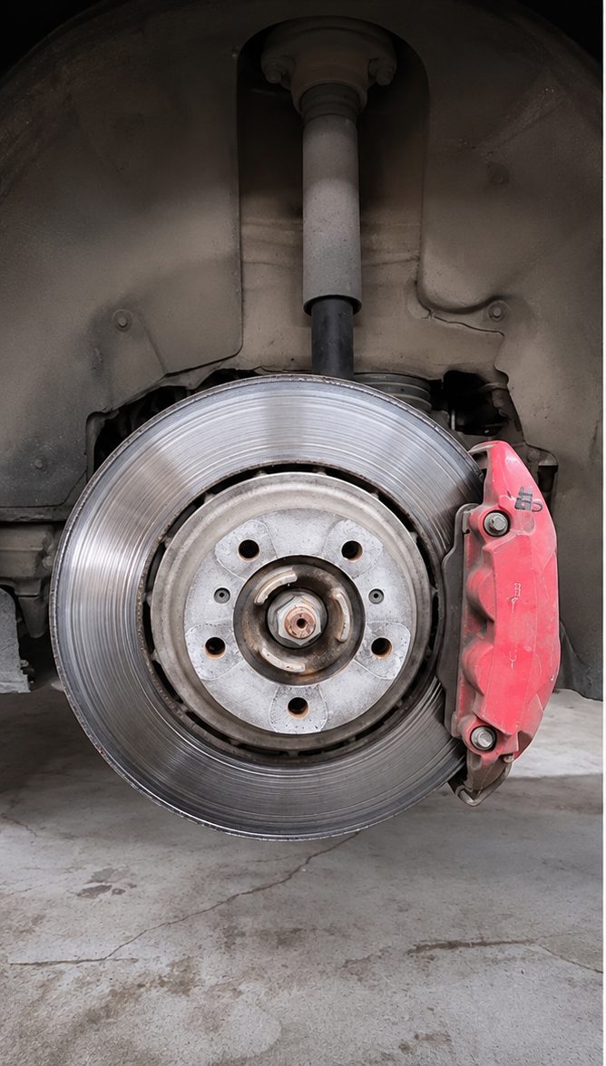 Disque de frein usé et étrier rouge avant remplacement, atelier Fensch Car Service à Nilvange